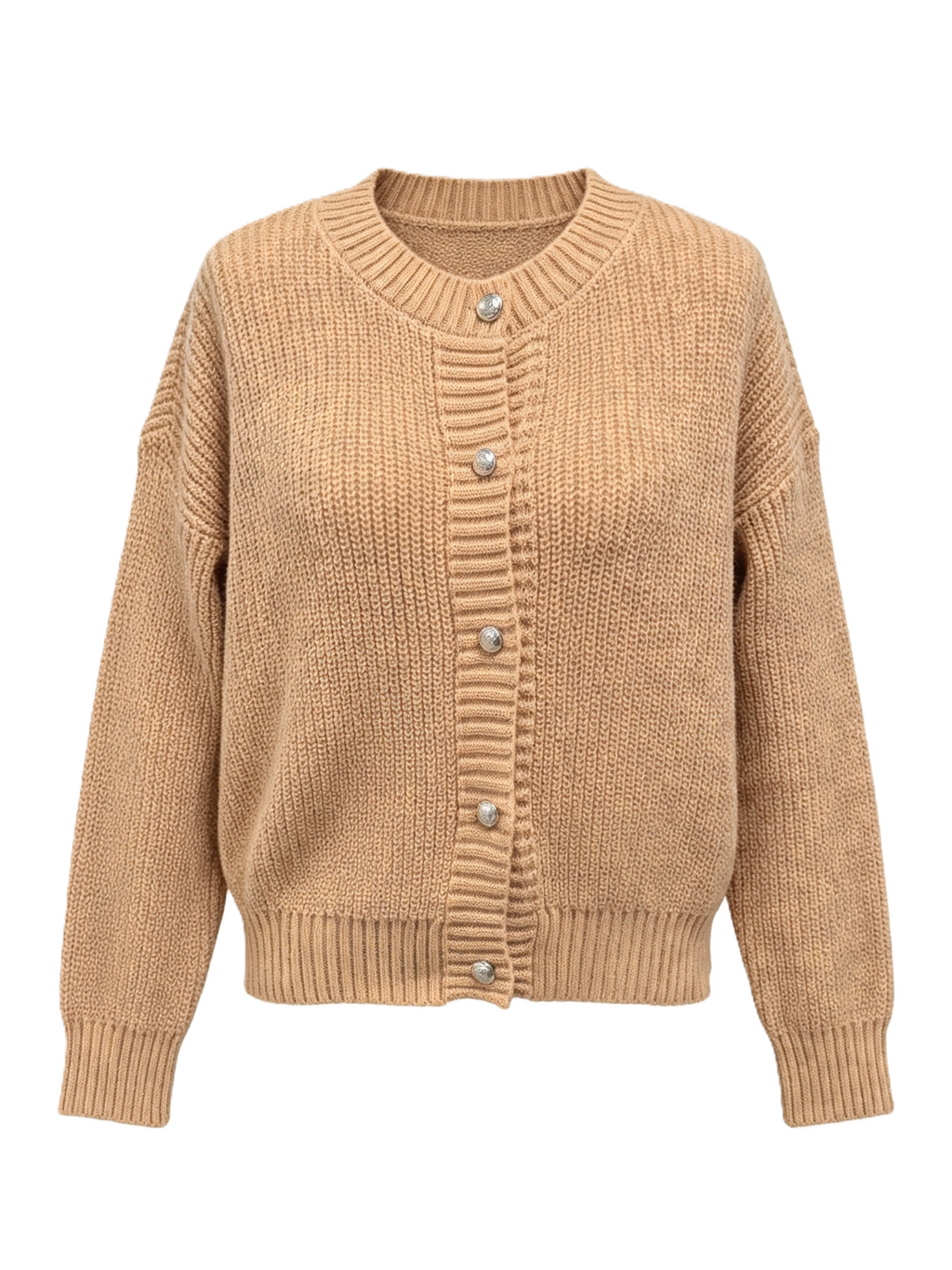 Pearl Button Ribbed Knit Cardigan Sweater - Khaki