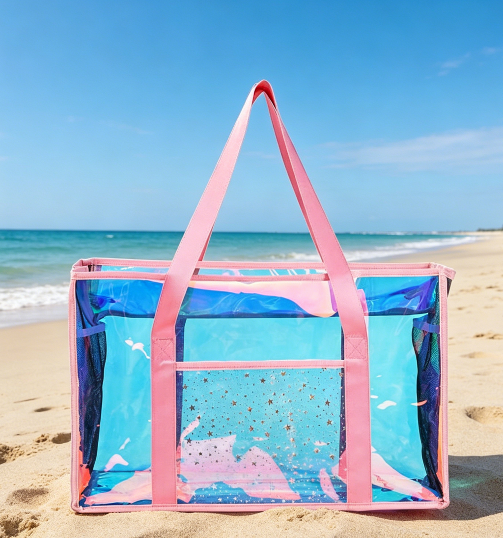 Iridescent Clear Zip Beach Tote Bag - Pink