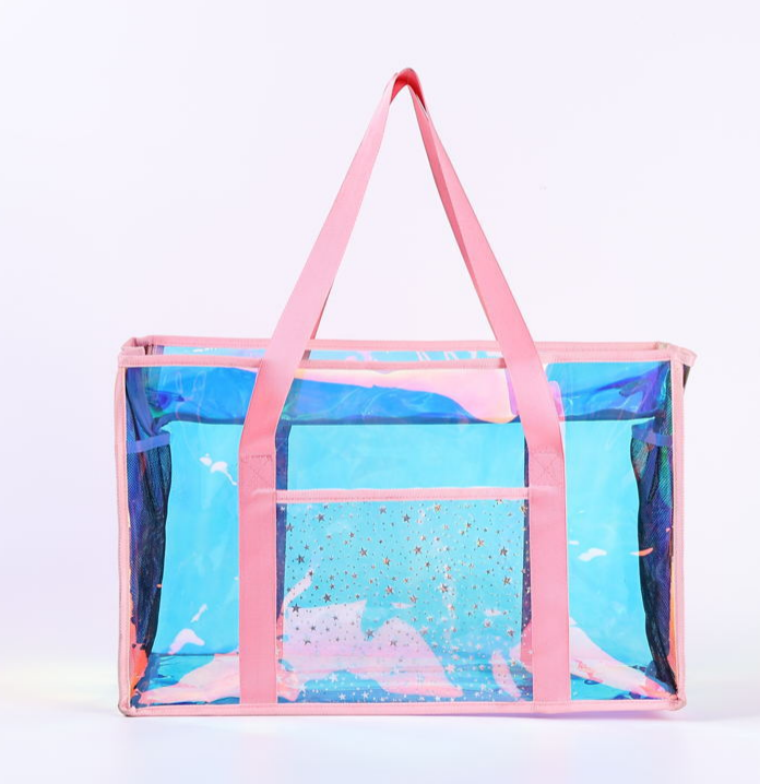Iridescent Clear Zip Beach Tote Bag - Pink - 1