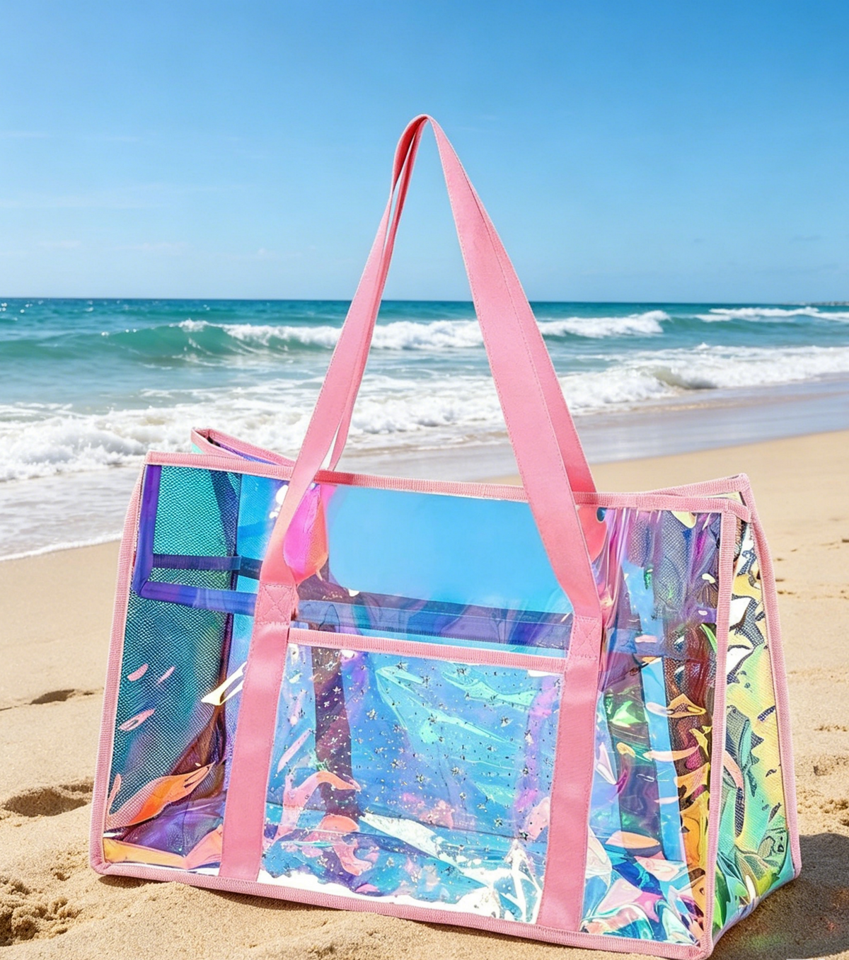 Iridescent Clear Zip Beach Tote Bag - Pink - 3
