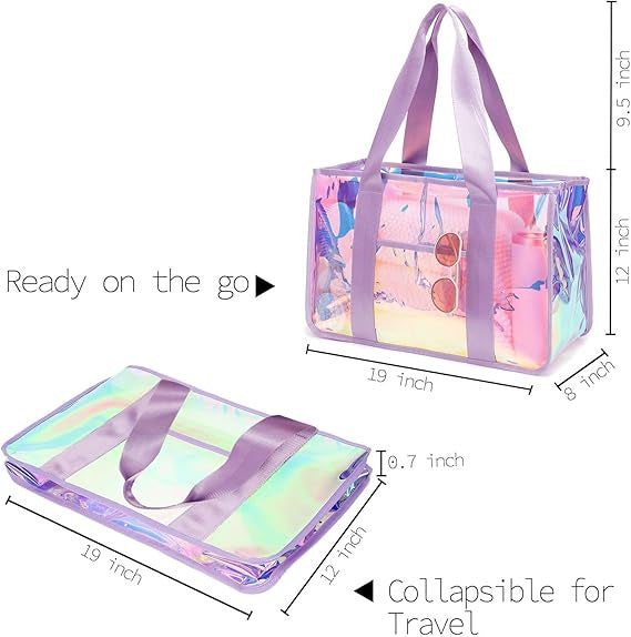 Iridescent Clear Zip Beach Tote Bag - Pink - 6