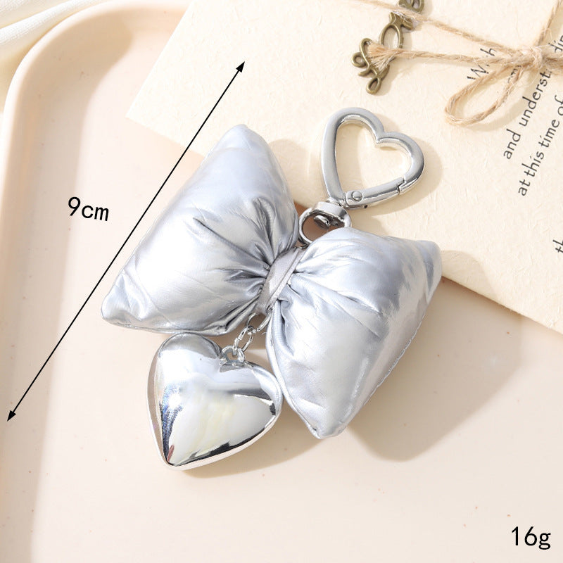 Puffy Padded Bow Keychain with Heart Charm - Silver