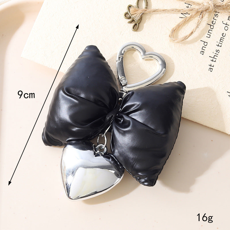 Puffy Padded Bow Keychain with Heart Charm - Black