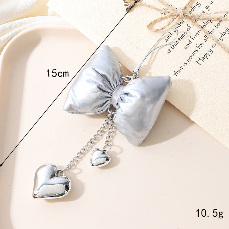 Puffy Padded Bow Keychain with Heart Charm - Silver Bell