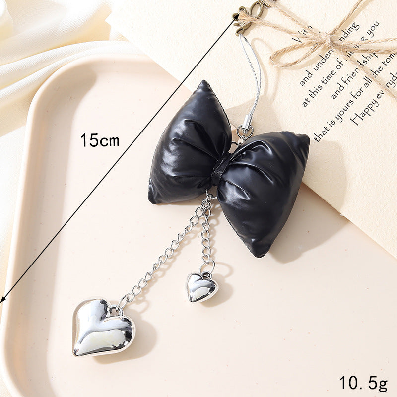 Puffy Padded Bow Keychain with Heart Charm - Black Bell