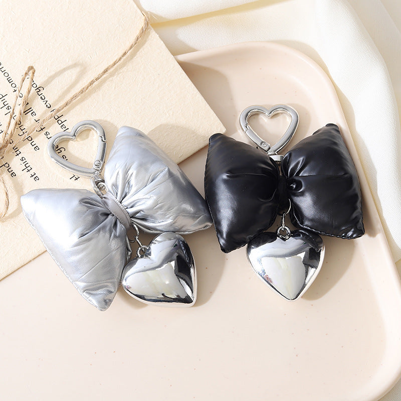 Puffy Padded Bow Keychain with Heart Charm