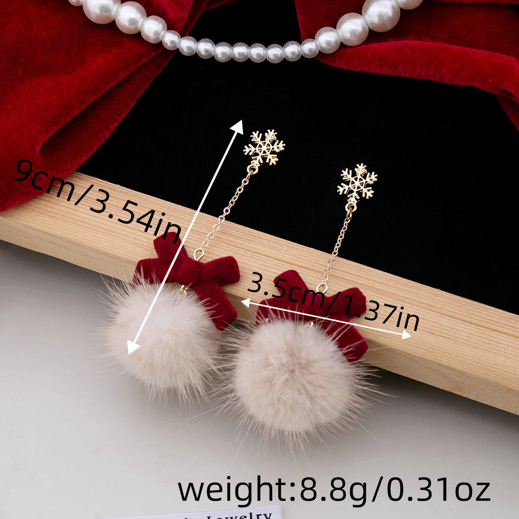 Snowflake Bow Pom Pom Dangle Earrings - Long