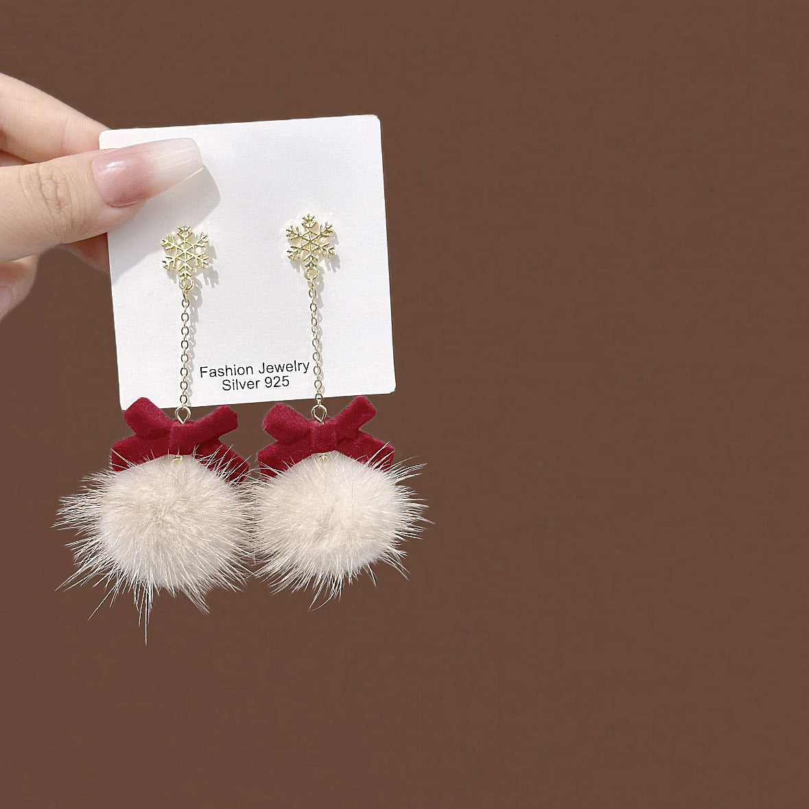 Snowflake Bow Pom Pom Dangle Earrings - Long - 1