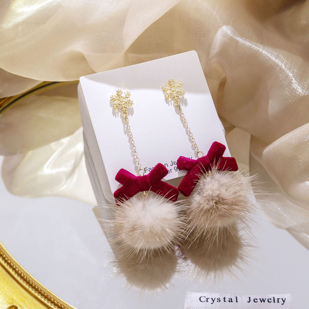 Snowflake Bow Pom Pom Dangle Earrings - Long - 2