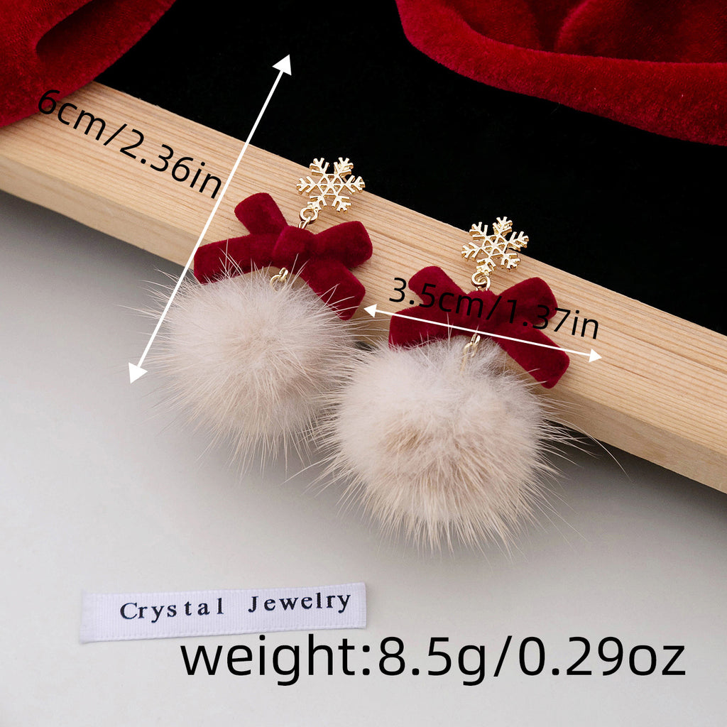 Snowflake Bow Pom Pom Dangle Earrings - Short