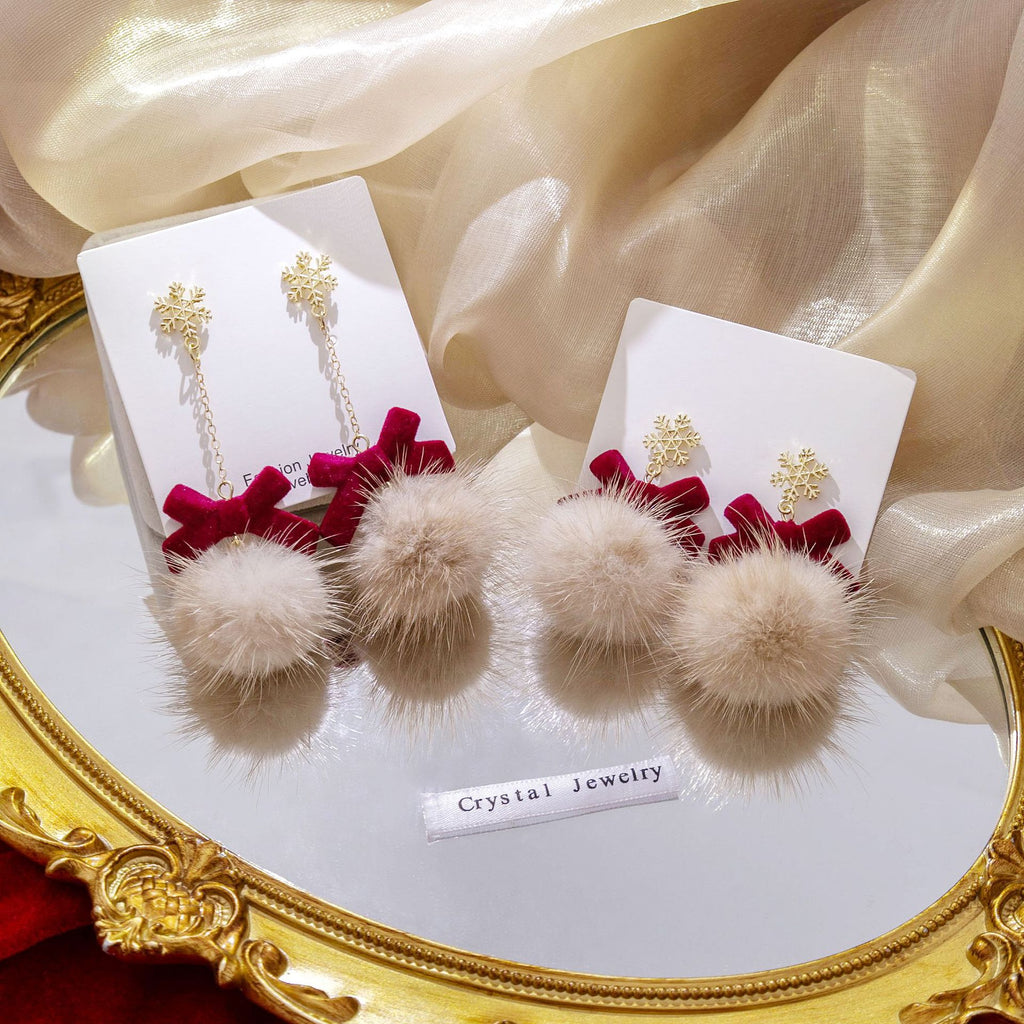 Snowflake Bow Pom Pom Dangle Earrings - Short - 1
