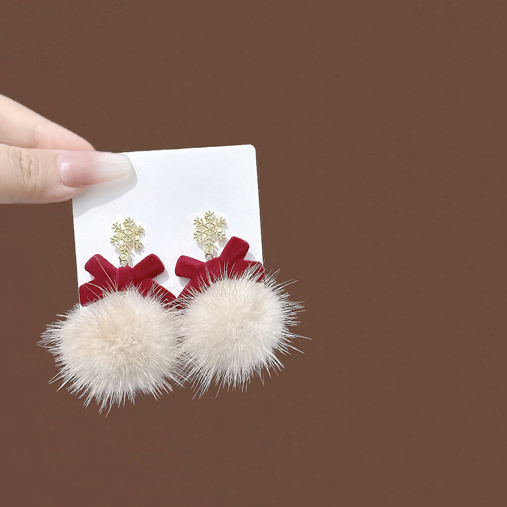 Snowflake Bow Pom Pom Dangle Earrings - Short - 2