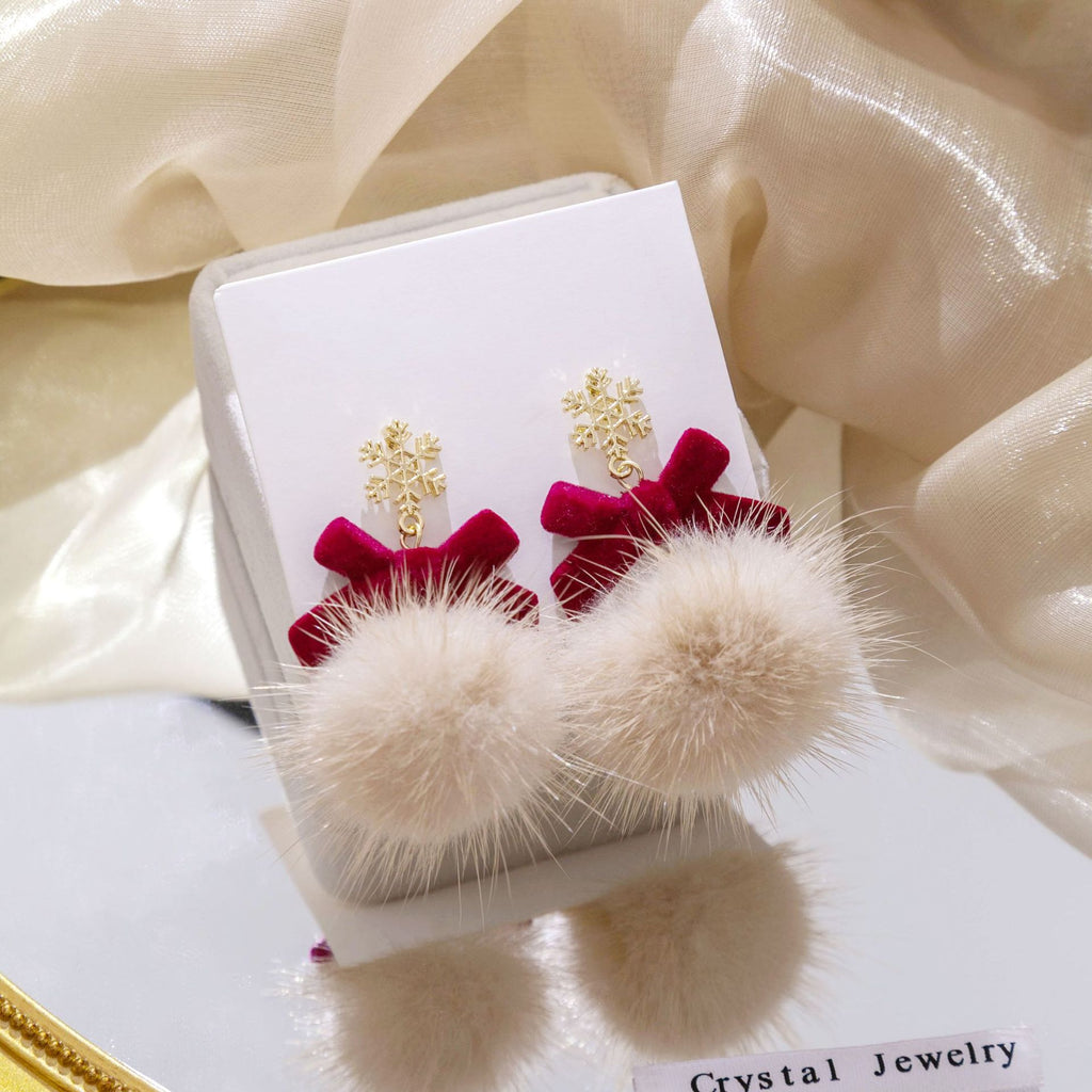 Snowflake Bow Pom Pom Dangle Earrings - Short - 3