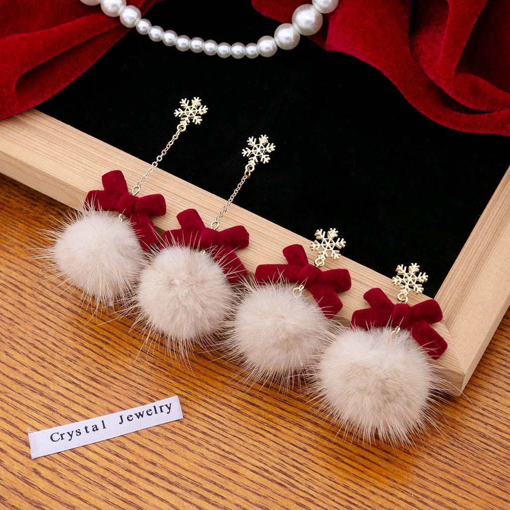 Snowflake Bow Pom Pom Dangle Earrings - view 1