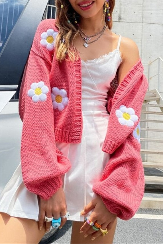 Daisy Motif Cropped Open Front Cardigan - Blush