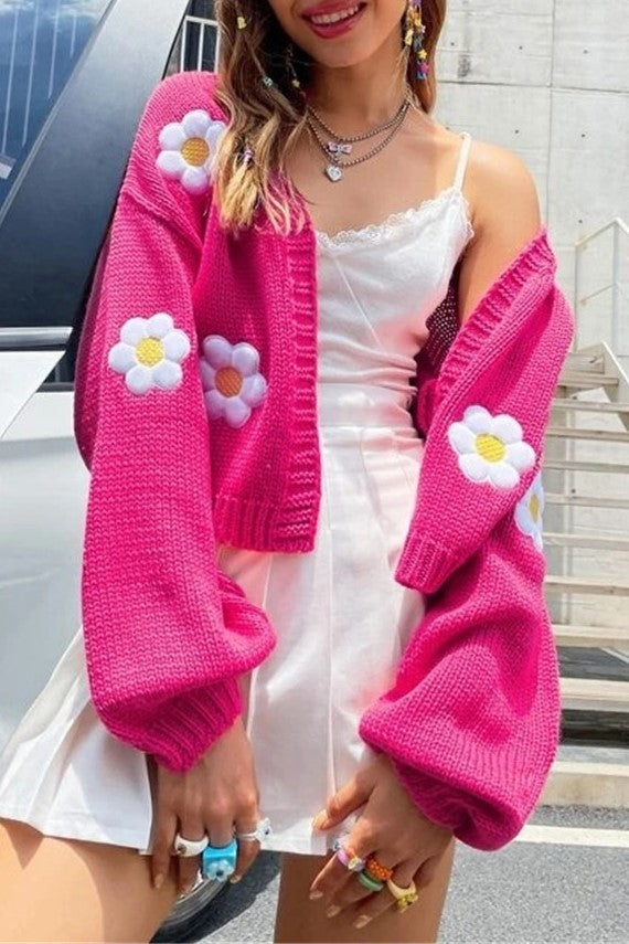 Daisy Motif Cropped Open Front Cardigan - Fuchsia