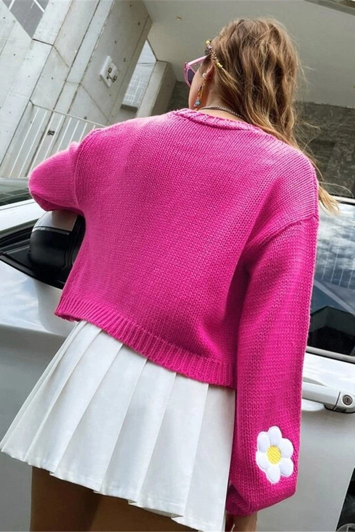 Daisy Motif Cropped Open Front Cardigan - Fuchsia - 1