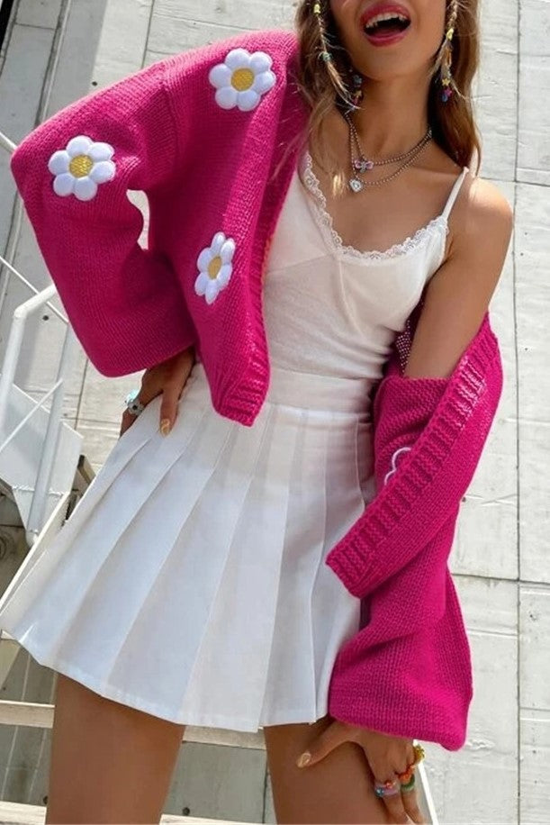 Daisy Motif Cropped Open Front Cardigan - Fuchsia - 2
