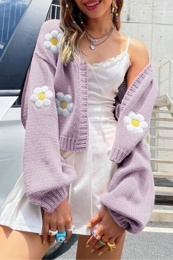 Daisy Motif Cropped Open Front Cardigan - Purple
