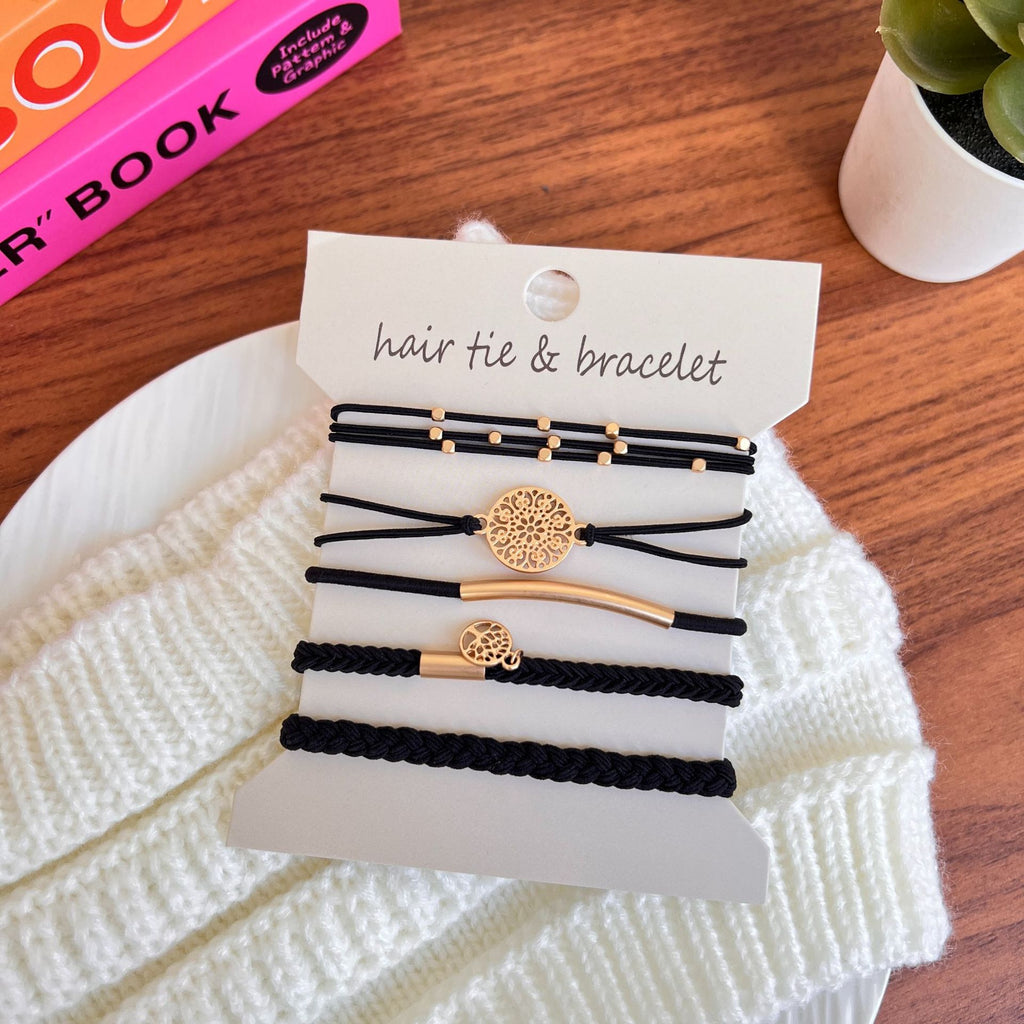 Coin Charm Hair Tie Bracelet Stack Set - Black