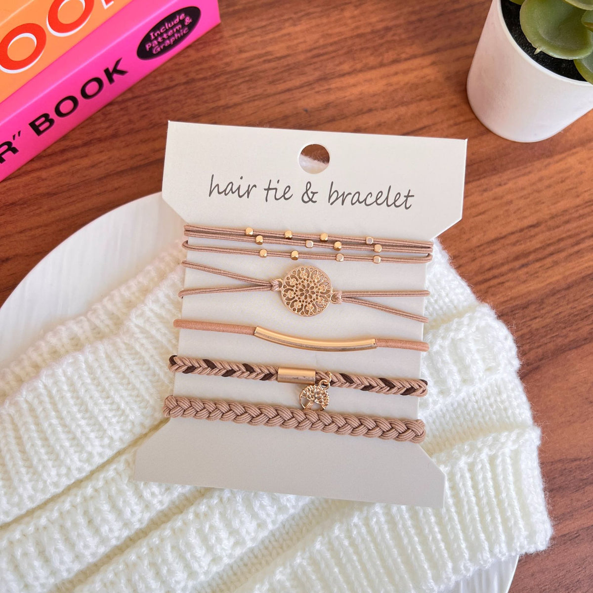 Coin Charm Hair Tie Bracelet Stack Set - Blush