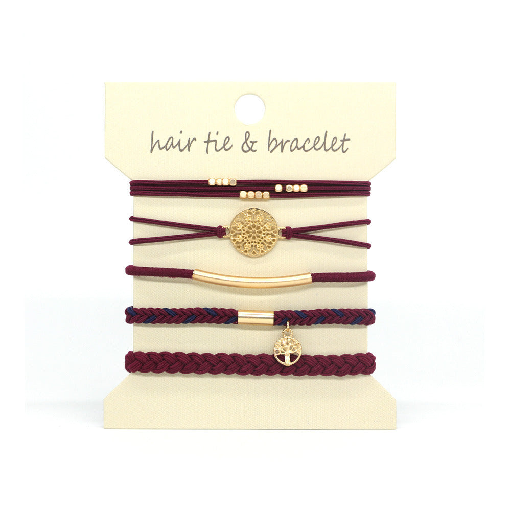 Coin Charm Hair Tie Bracelet Stack Set - Burgundy