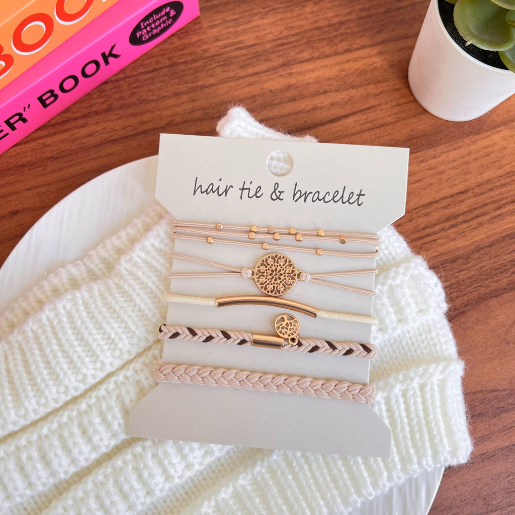 Coin Charm Hair Tie Bracelet Stack Set - LightPink