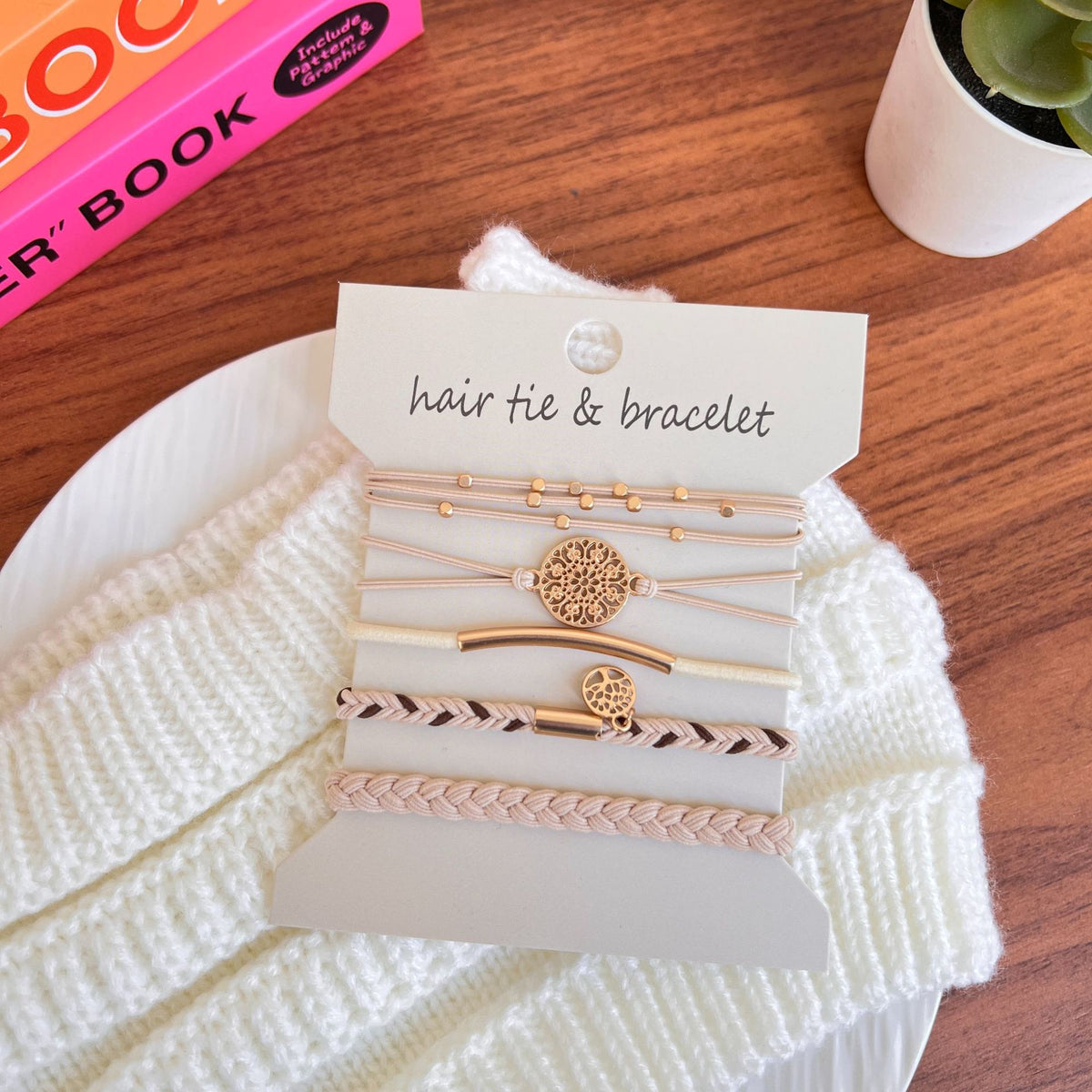 Coin Charm Hair Tie Bracelet Stack Set - LightPink