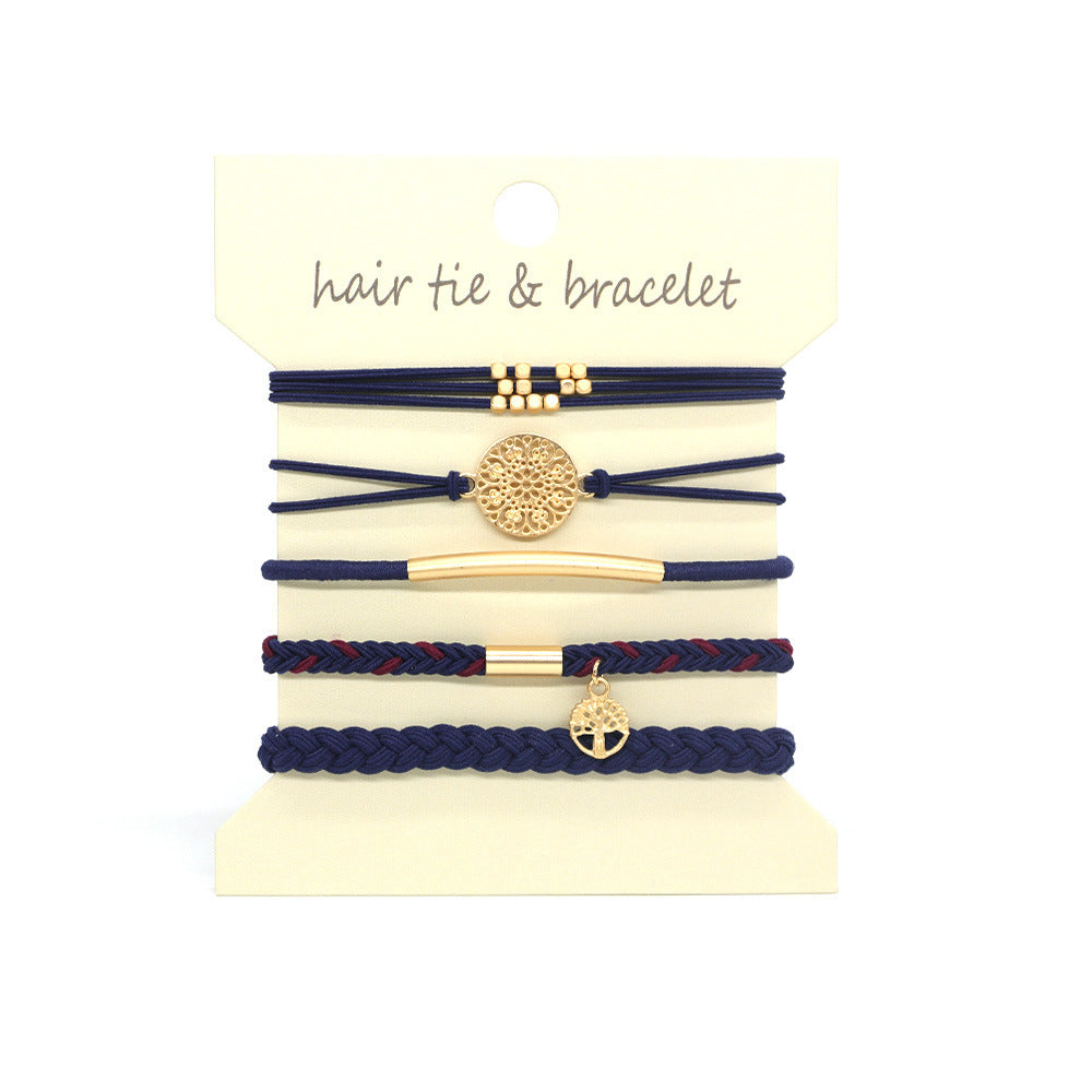 Coin Charm Hair Tie Bracelet Stack Set - Navy