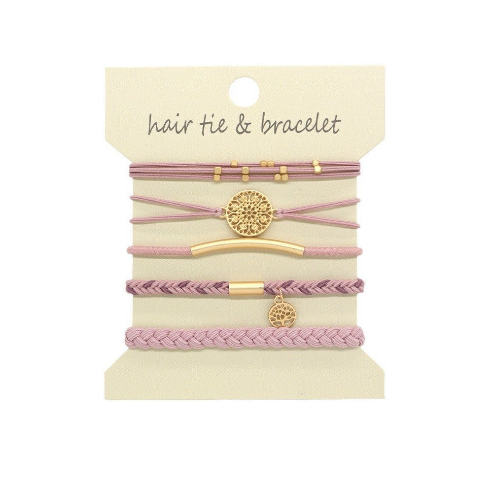 Coin Charm Hair Tie Bracelet Stack Set - Pink