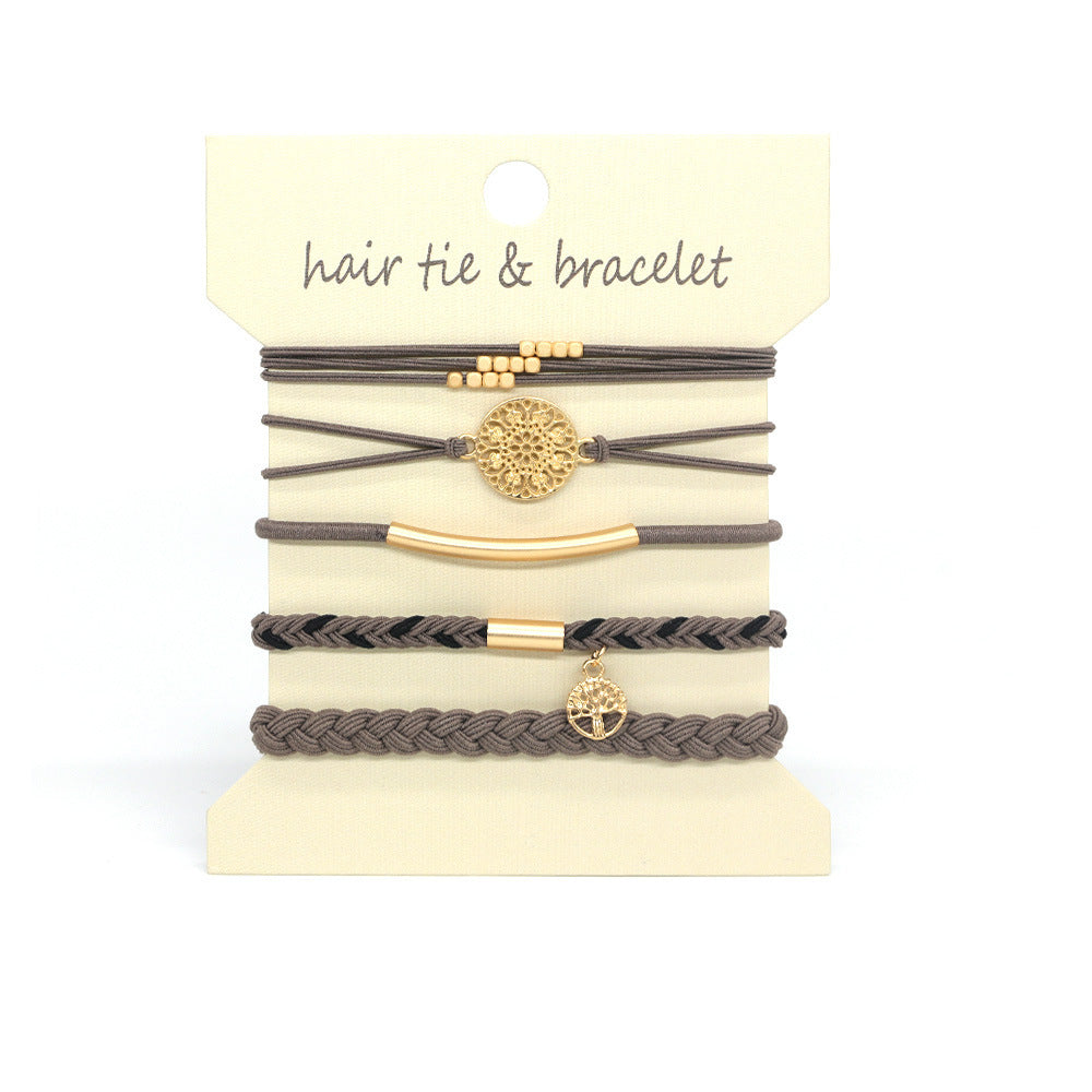 Coin Charm Hair Tie Bracelet Stack Set - Taupe