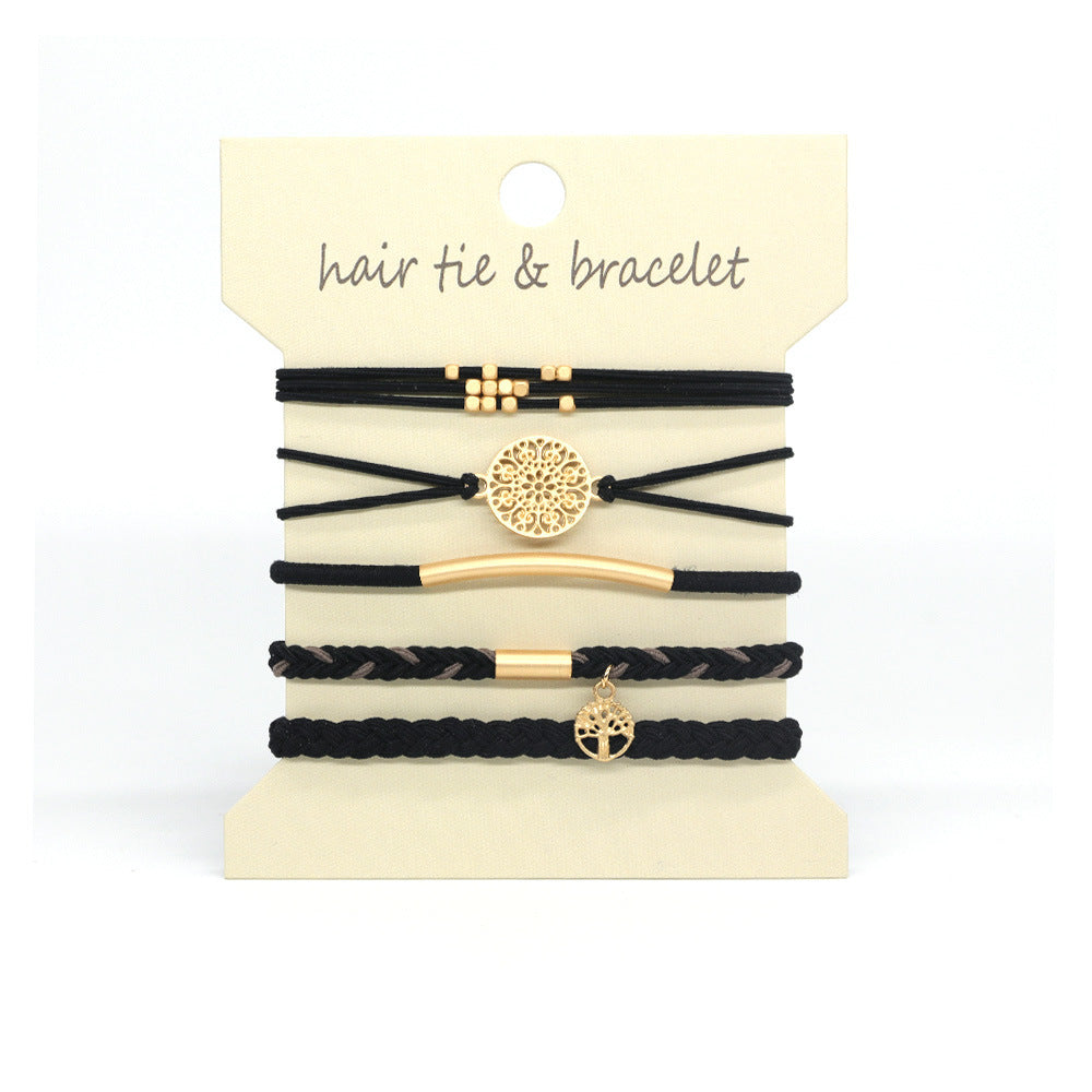 Coin Charm Hair Tie Bracelet Stack Set - charcoal