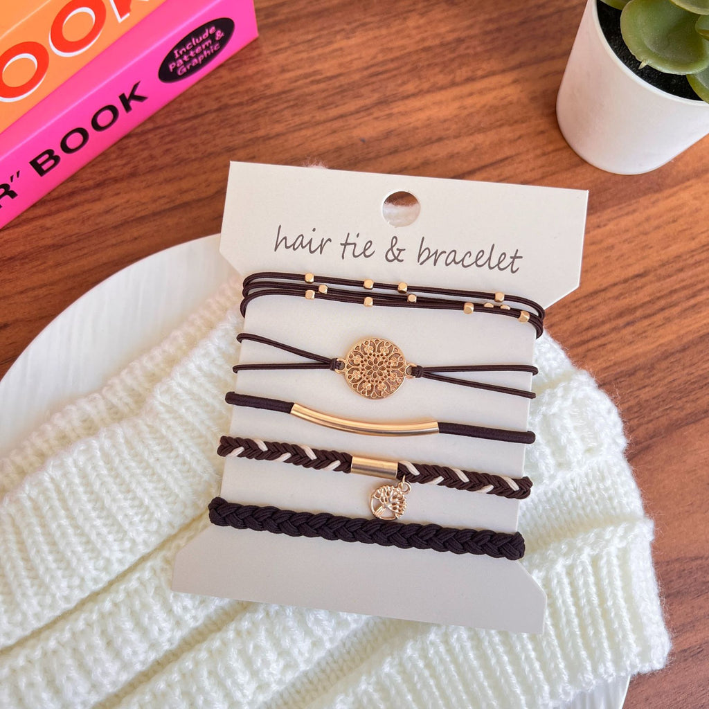 Coin Charm Hair Tie Bracelet Stack Set - chocolate
