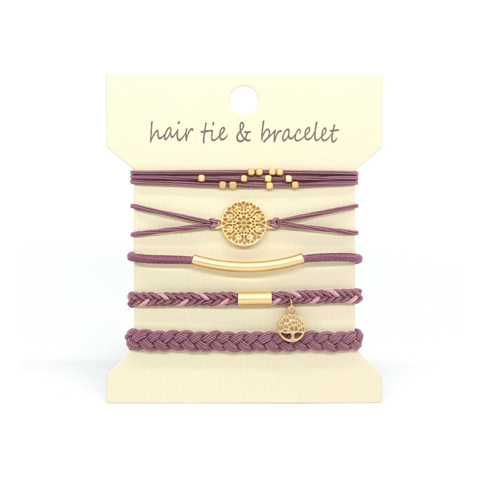 Coin Charm Hair Tie Bracelet Stack Set - mauve