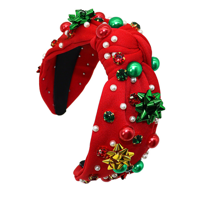 Holiday Bow Beaded Knot Headband - Red