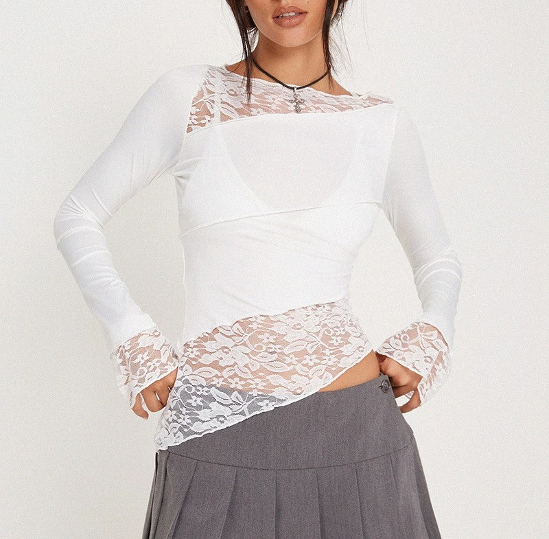 Asymmetric Lace Panel Long Sleeve Top - White