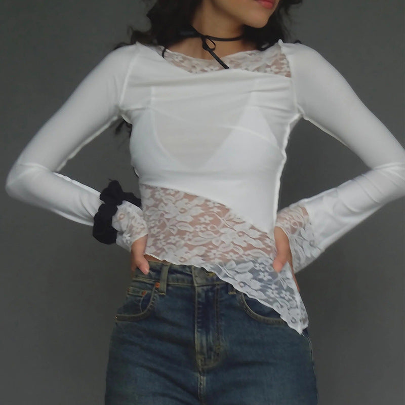 Asymmetric Lace Panel Long Sleeve Top - White - 2