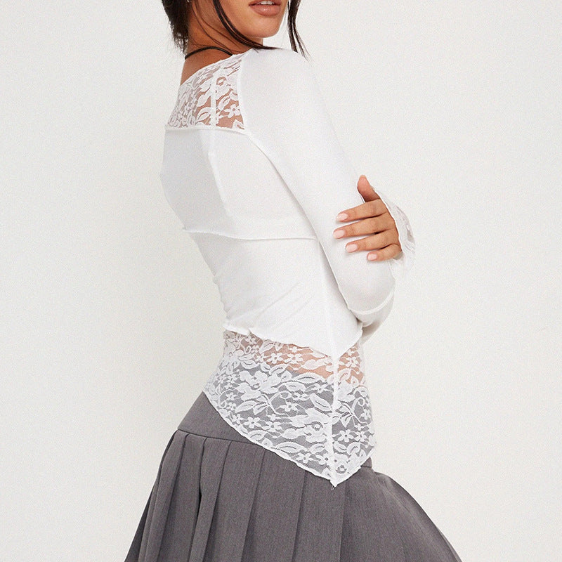 Asymmetric Lace Panel Long Sleeve Top - White - 4