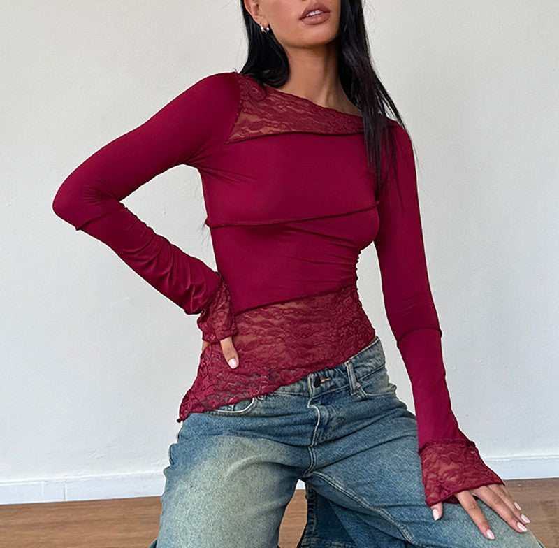 Asymmetric Lace Panel Long Sleeve Top - Wine