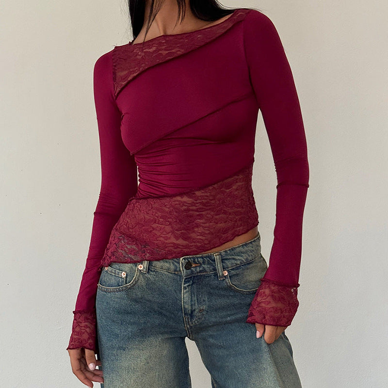 Asymmetric Lace Panel Long Sleeve Top - Wine - 2
