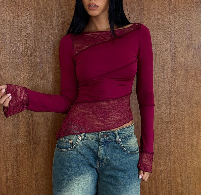 Asymmetric Lace Panel Long Sleeve Top - Wine - 3