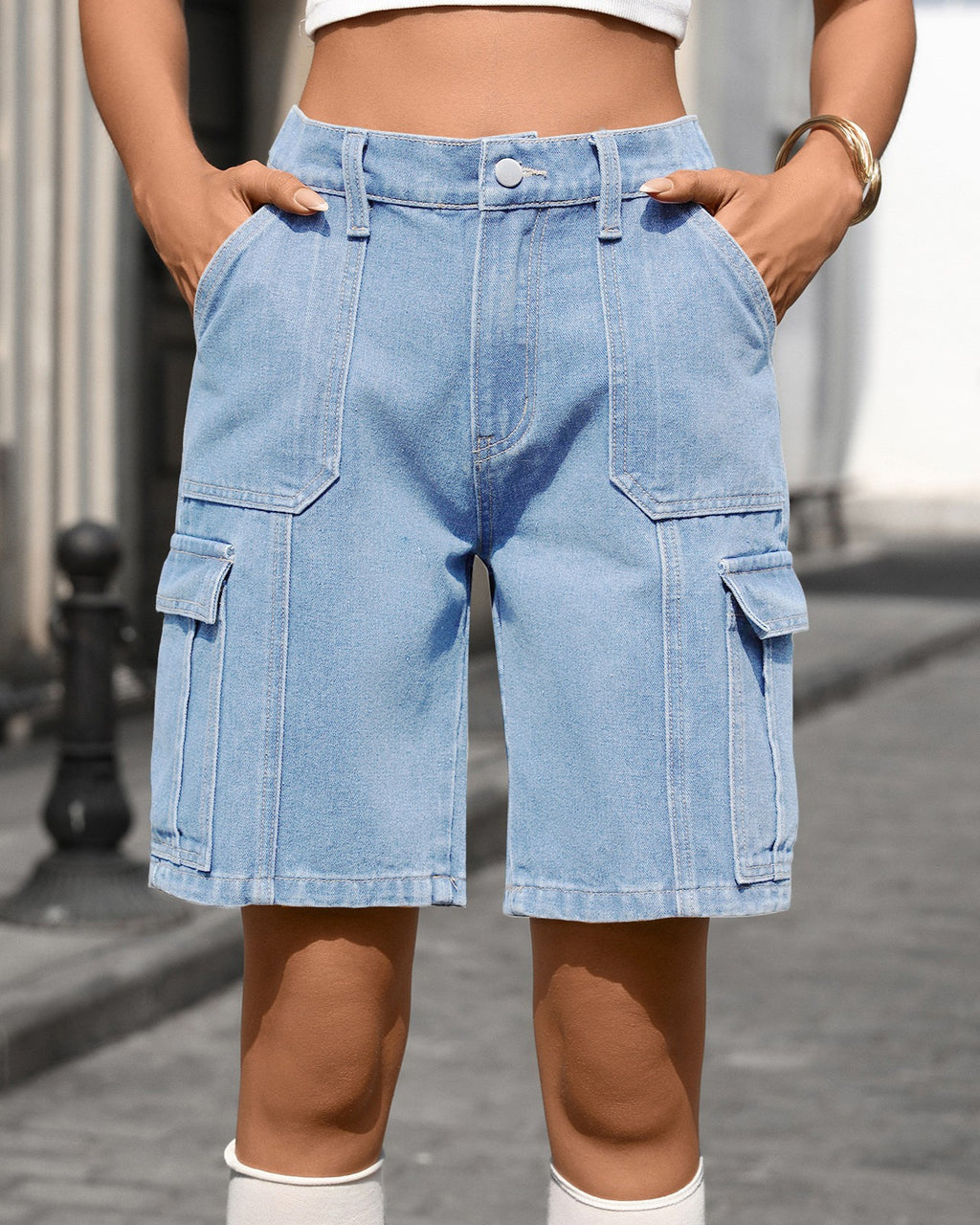 High Waist Cargo Denim Bermuda Shorts - Light-Blue - 2