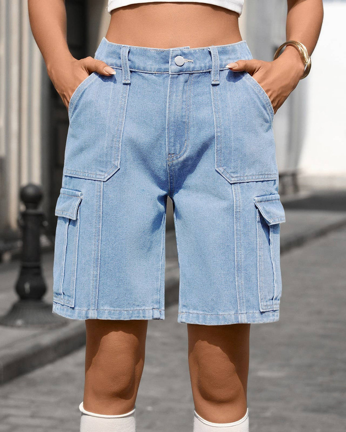 High Waist Cargo Denim Bermuda Shorts
