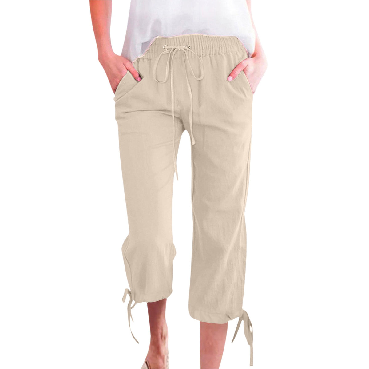 Relaxed Cotton Linen Tie Hem Drawstring Capri Pants - Apricot