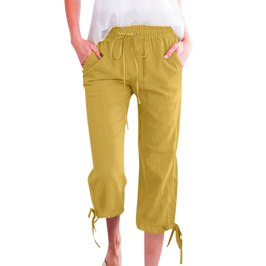 Relaxed Cotton Linen Tie Hem Drawstring Capri Pants - Mustard