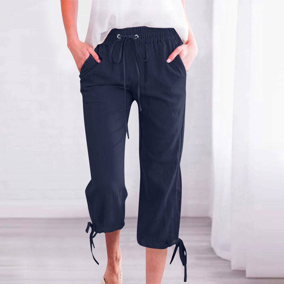 Relaxed Cotton Linen Tie Hem Drawstring Capri Pants - Navy