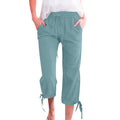 Relaxed Cotton Linen Tie Hem Drawstring Capri Pants - Teal