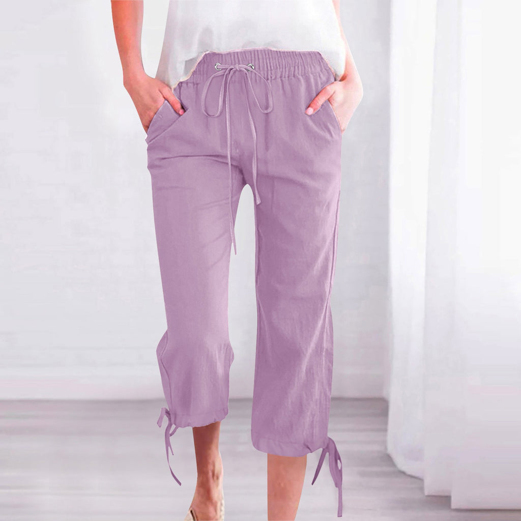Relaxed Cotton Linen Tie Hem Drawstring Capri Pants