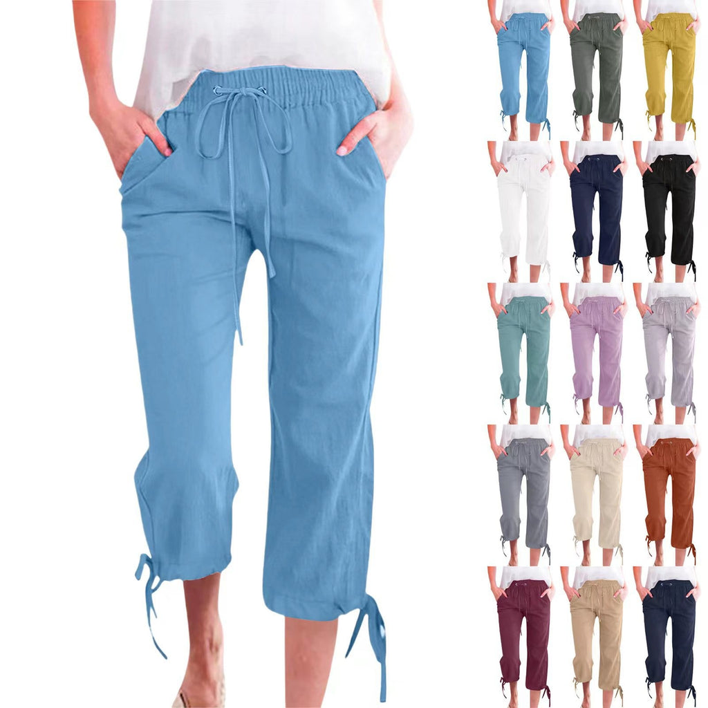 Relaxed Cotton Linen Tie Hem Drawstring Capri Pants