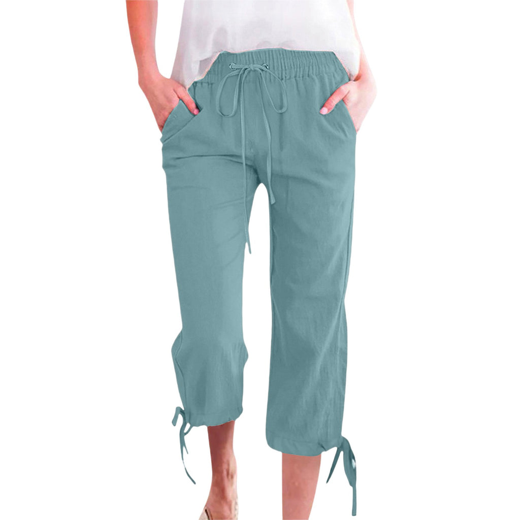 Relaxed Cotton Linen Tie Hem Drawstring Capri Pants